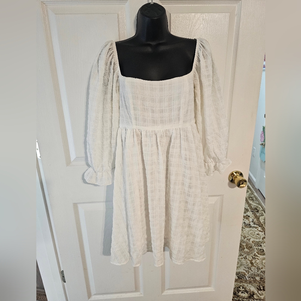 Altar'd State White Smocked Sundress with Bishop Sleeves